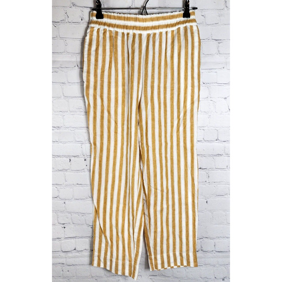 Madewell Mustard Striped Linen Cotton Blend Huston High Rise Crop Pants Size XS - Picture 1 of 5